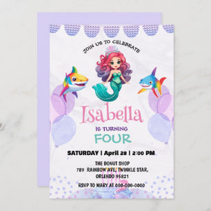Invitation Jolie Sirène requin arc-en-ciel fête d'anniversair