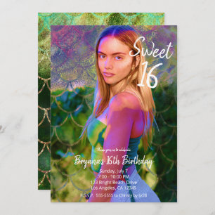 Invitation Jolie sirène verte or photo Sweet 16 Party  