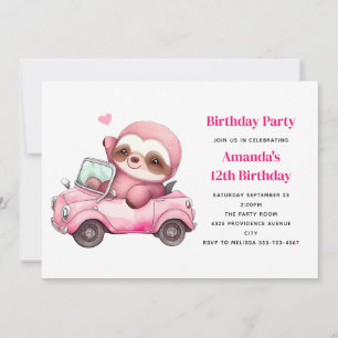 Invitation Jolie Sloth rose conduire une voiture Anniversaire
