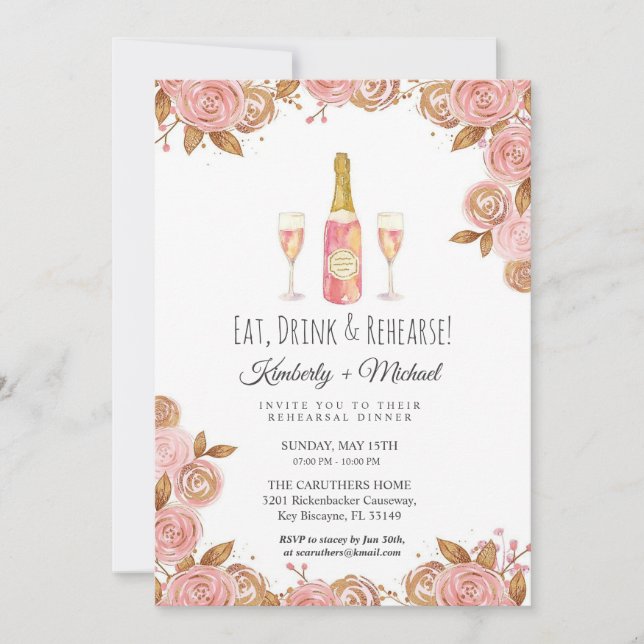 Invitation Jolie soirée de répétition de mariage rose aux fle (Devant)