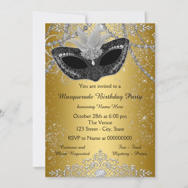 Invitation Jolie soirée masquée en noir et or (Devant)