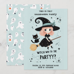 Invitation Jolie sorcière avec fête de jeux de mots Halloween