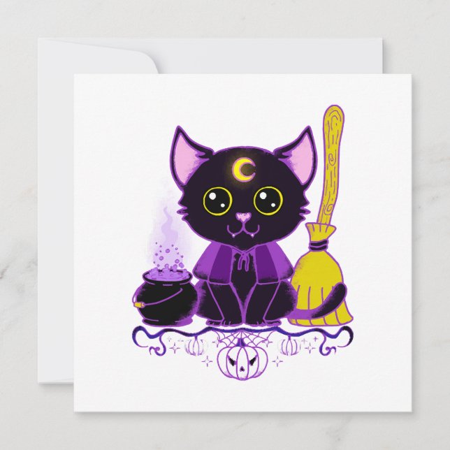 Invitation Jolie sorcière de chat noir d'Halloween (Devant)