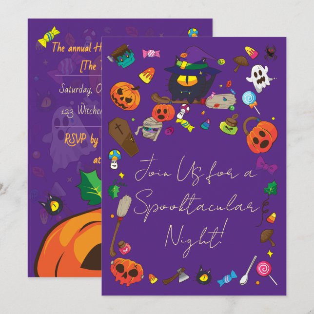 Invitation Jolie sorcière d'Halloween Citrouille Fantôme (Devant / Derrière)