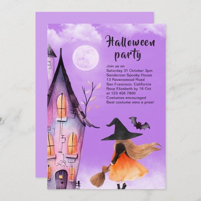 Invitation Jolie Sorcière Enfants Halloween Party Purple (Devant / Derrière)