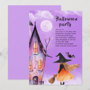 Invitation Jolie Sorcière Enfants Halloween Party Purple