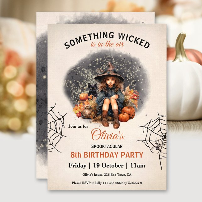 Invitation Jolie sorcière et chat Halloween Filles Anniversai (Cute Witch and Cat Halloween Girls' Birthday Invitation)