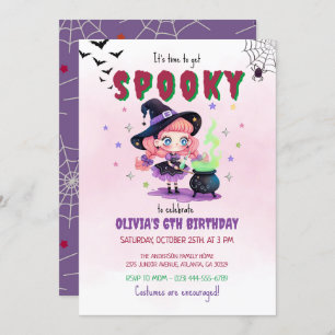 Invitation Jolie sorcière Halloween Fille fête d'anniversaire
