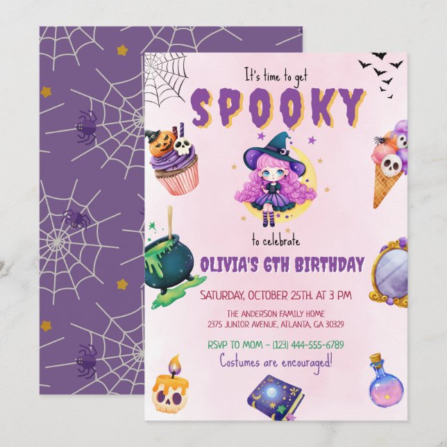 Invitation Jolie sorcière Halloween Fille fête d'anniversaire (Devant / Derrière)