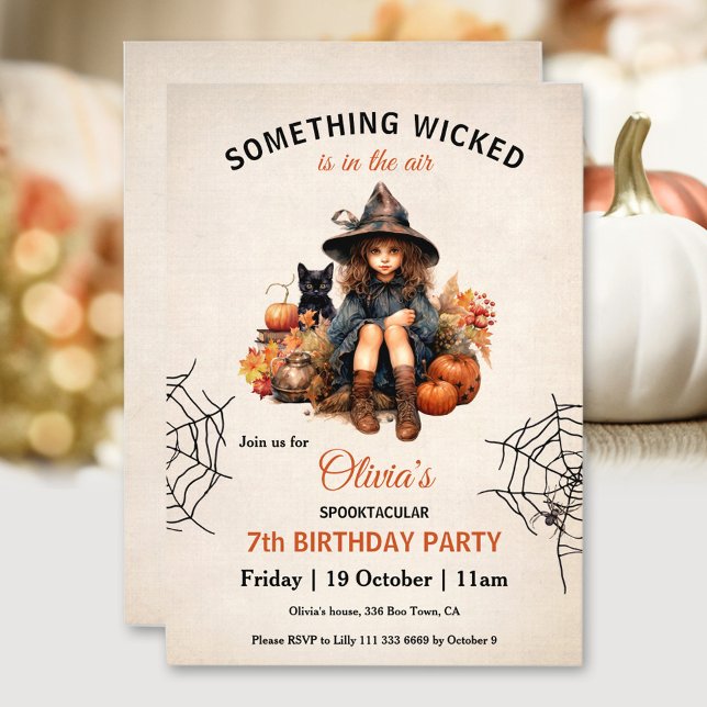 Invitation Jolie sorcière Halloween Filles Anniversaire (Cute Witch Spider Halloween Girls' Birthday Invitation)
