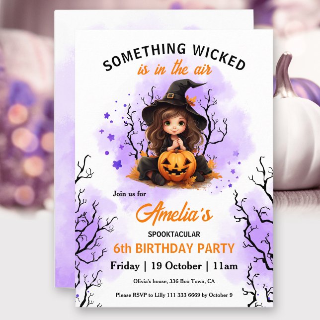 Invitation Jolie sorcière violet orange Halloween Filles Anni (Cute Witch Purple Orange Halloween Girls' Birthday Invitation)
