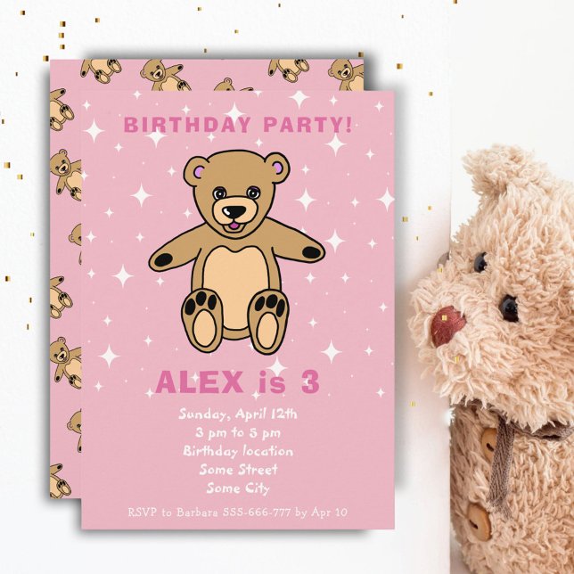Invitation Jolie Teddy Bear Rose Girl Anniversaire (Créateur téléchargé)