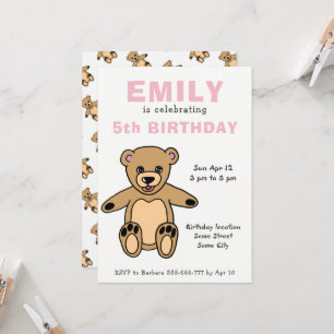 Invitation Jolie Teddy Bear Rose Girl Anniversaire