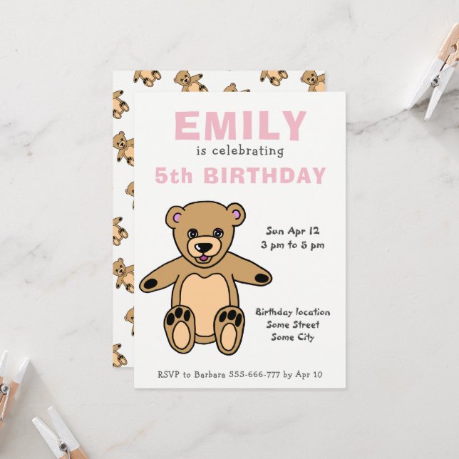 Invitation Jolie Teddy Bear Rose Girl Anniversaire (Devant/Arrière en situation)