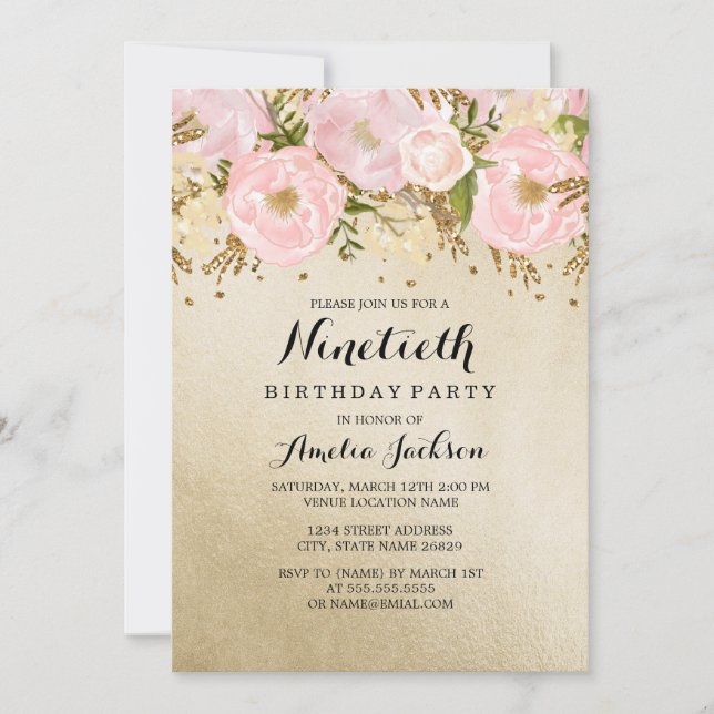 Invitation Jolie teinte dorée rose florale 90e anniversaire (Devant)