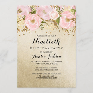 Invitation Jolie teinte dorée rose florale 90e anniversaire