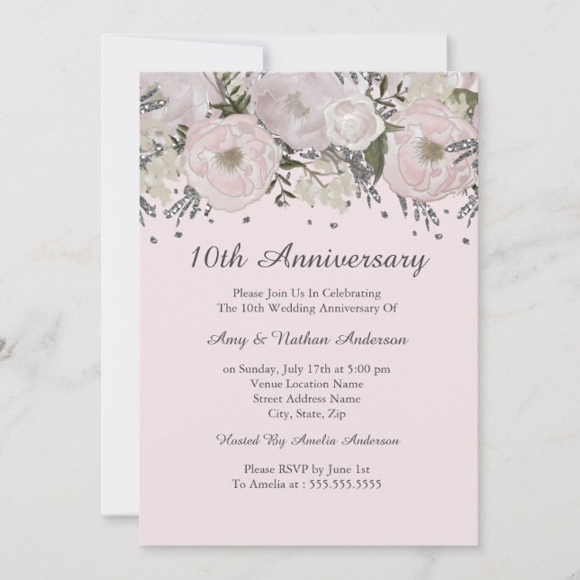 Invitation Jolie teinte rose argent floral 10e anniversaire (Devant)