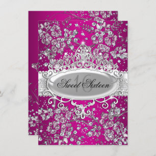 Invitation Jolie Tiara Fleurs étincelantes Rose Sweet 16 fête