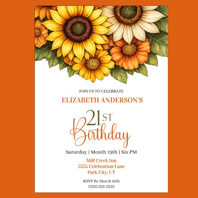 Invitation Jolie Tournesol 21e Anniversaire (Pretty Sunflower 21st Birthday Invitation For Her)