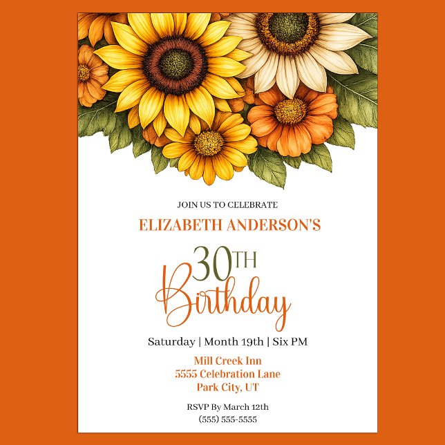 Invitation Jolie Tournesol 30e Anniversaire (Pretty Sunflower 30th Birthday Invitation For Her)