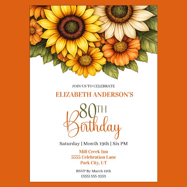 Invitation Jolie Tournesol 80e Anniversaire (Pretty Sunflower 80th Birthday Invitation For Women.)
