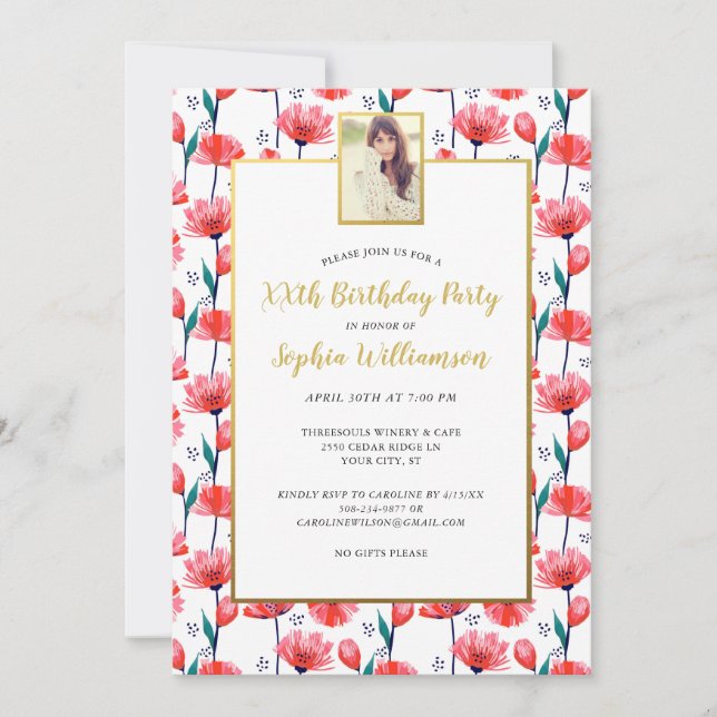 Invitation Jolie Tulipe Florale, Votre Photo, Anniversaire (Devant)