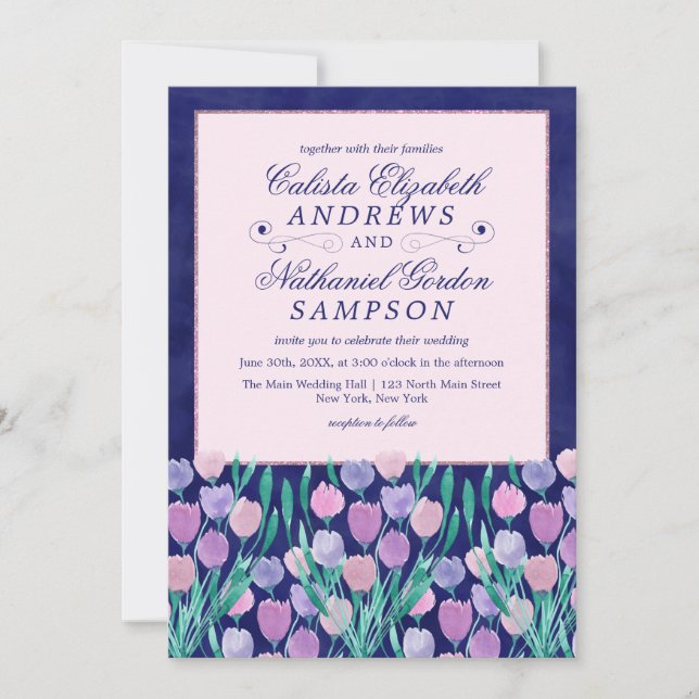 Invitation Jolie tulipe rose bleu Mariage d'aquarelle florale (Devant)