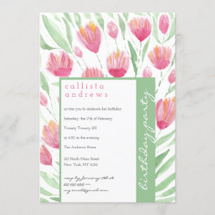 Invitation Jolie Tulipe verte rose Aquarelle florale Annivers