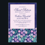 Invitation Jolie Tulipes Rose Bleu Aquarelle Florale Douce 16<br><div class="desc">Cette belle invitation à fêter un sweet sixteen élégant, girly et joli est parfaite pour l'événement du printemps ou de l'été. Il présente des fleurs de tulipe lilas, violet royal, rose rousse, rose baies et vert turquoise couleur d'eau et des feuilles peints à la main sur une parties scintillant rose...</div>