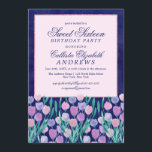 Invitation Jolie Tulipes Rose Bleu Aquarelle Florale Douce 16<br><div class="desc">Cette belle invitation à fêter un sweet sixteen élégant, girly et joli est parfaite pour l'événement du printemps ou de l'été. Il présente des fleurs de tulipe lilas, violet royal, rose rousse, rose baies et vert turquoise couleur d'eau et des feuilles peints à la main sur une parties scintillant rose...</div>