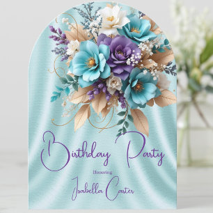Invitation Jolie Turquoise Bleu Violet Blanc Fleurs d'Anniver