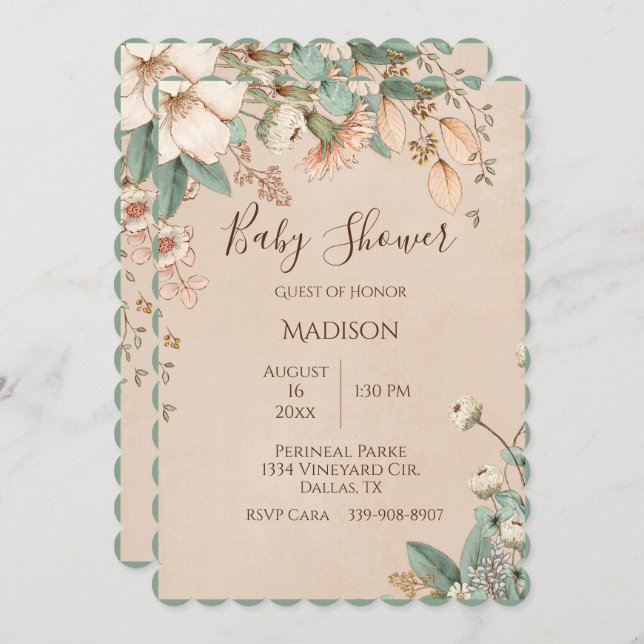 Invitation Jolie typographie de script floral moderne bébé (Devant / Derrière)