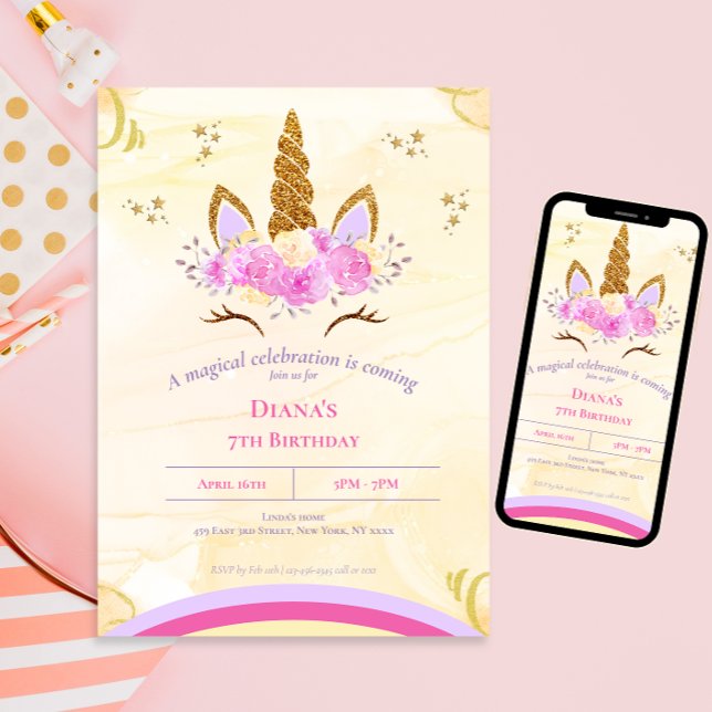 Invitation Jolie Unicorn Magique Fille anniversaire (Créateur téléchargé)