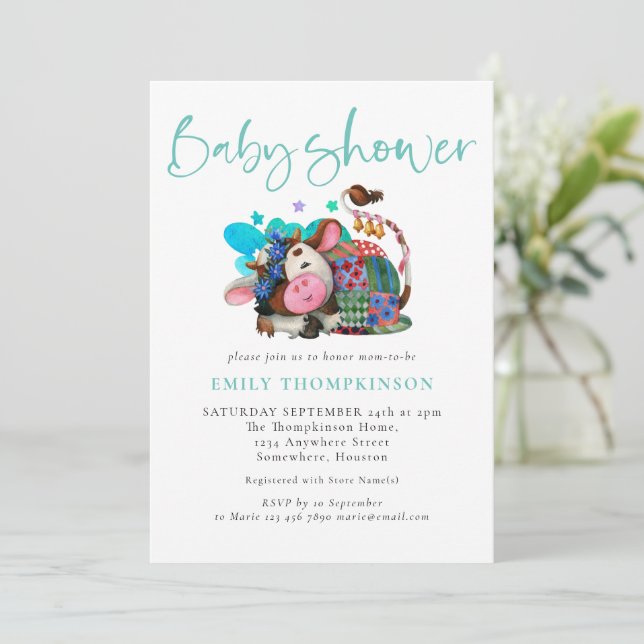 Invitation Jolie vache endormie Genre Neutre Baby shower Turq (Debout devant)