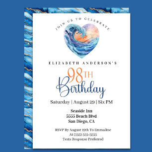 Invitation Jolie Vague Océan Cœur 98e Anniversaire