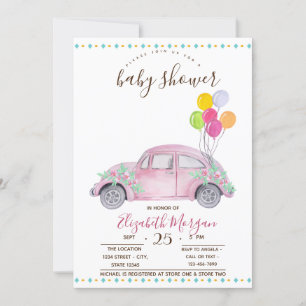 Invitation Jolie voiture rose,Ballons Zigzag Baby Shower