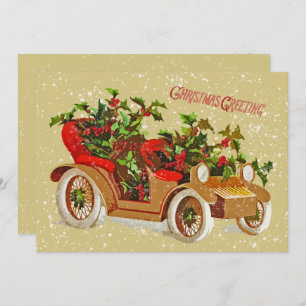 Invitation Jolie voiture Vintage Noël Holly Neige Or