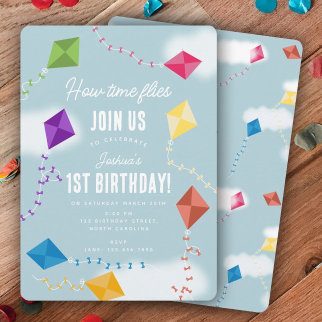 Invitation Jolie Volant Kites Enfants Comment le temps vole A (Cute Flying Kites Kids How Time Flies Birthday Invitation)