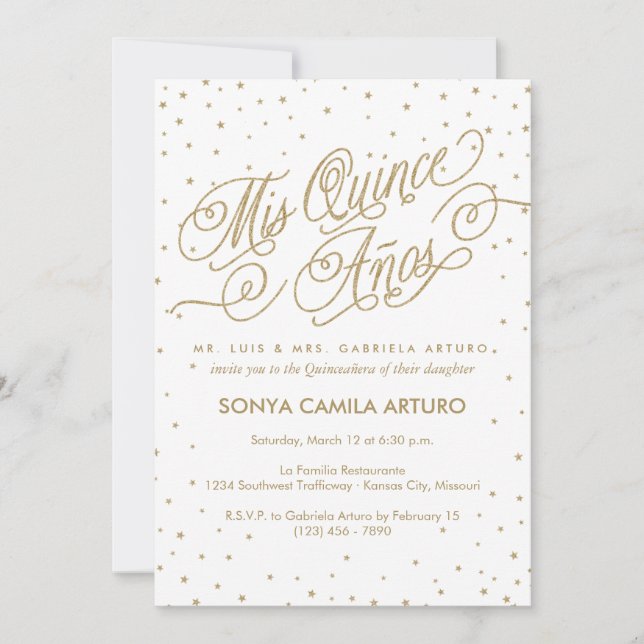 Invitation Jolie White & Gold Stars Quinceañera Party (Devant)