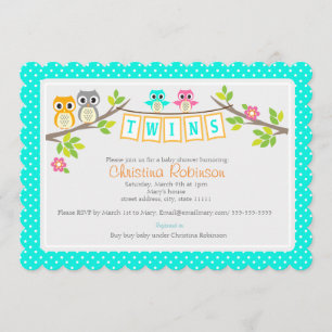 Invitation jolies chouettes jumelles baby shower 5 x 7