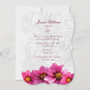 Invitation Jolies Dahlias Roses et Fête d'Anniversaire Damass