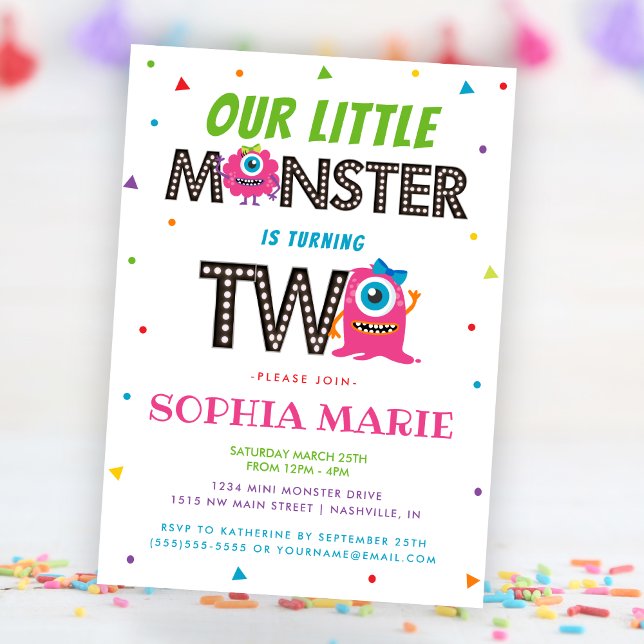 Invitation Jolies filles Monstre rose 2e fête d'anniversaire (Cute Girls Pink Monster 2nd Birthday Party Invitation)