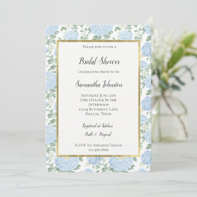 Invitation Jolies Fleurs Blanches Bleu Clair Lavage Nuptial (Debout devant)