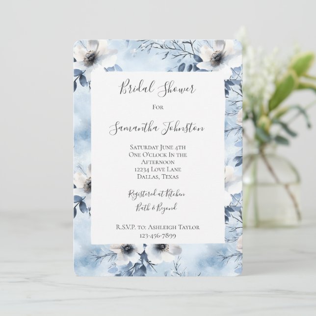 Invitation Jolies Fleurs Blanches Bleu Clair Shower Nuptial (Debout devant)
