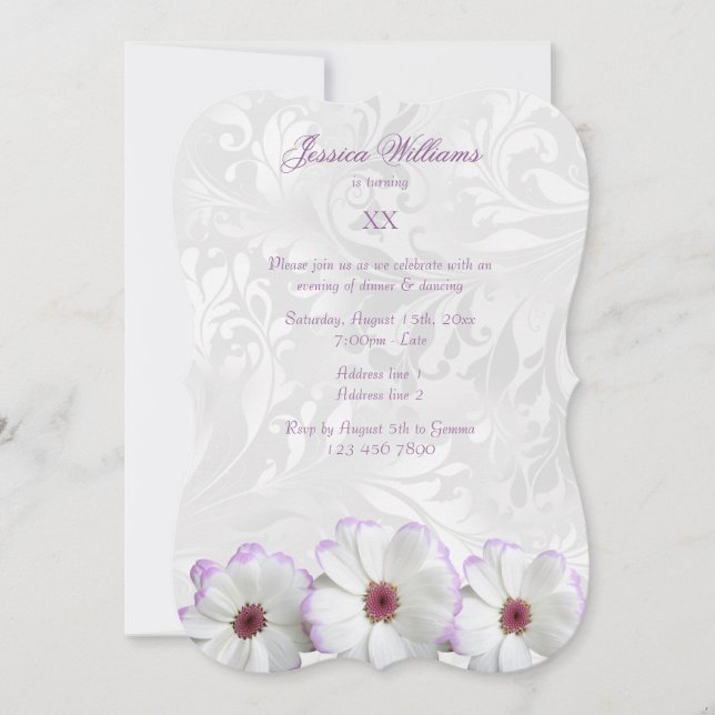 Invitation Jolies Fleurs Blanches & Fête d'Anniversaire Damas (Devant)