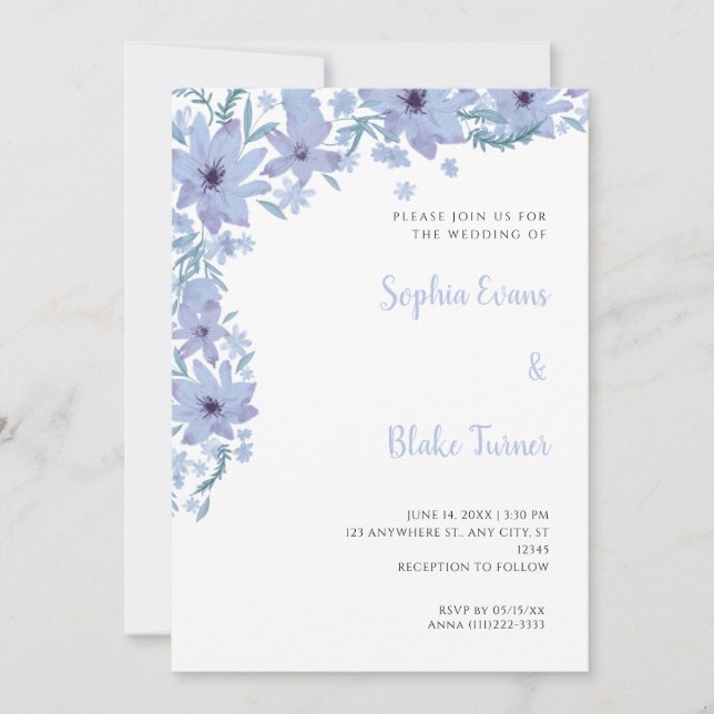 Invitation Jolies Fleurs Bleues Mariage Romantique Blanc (Devant)