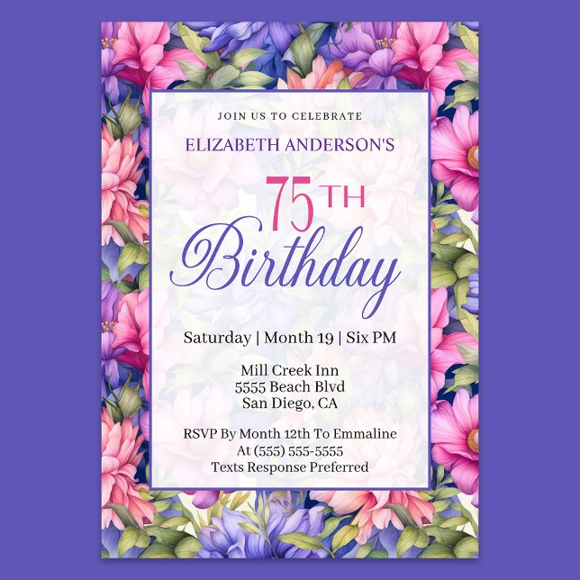 Invitation Jolies Fleurs de Jardin Rose Violet pour 75 ans (Créateur téléchargé)