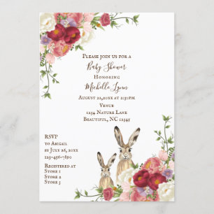 Invitation Jolies fleurs de pivoine et Baby shower lapin lapi
