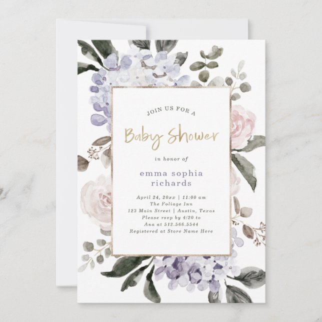 Invitation Jolies fleurs d'Hydrangea et or| Baby shower (Devant)