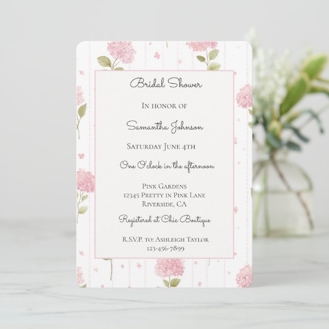 Invitation Jolies Fleurs d'Hydrangea Roses Mariage   (Debout devant)